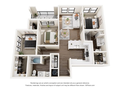 Floor plan for 3 beds, 2 baths, 1102 sqft